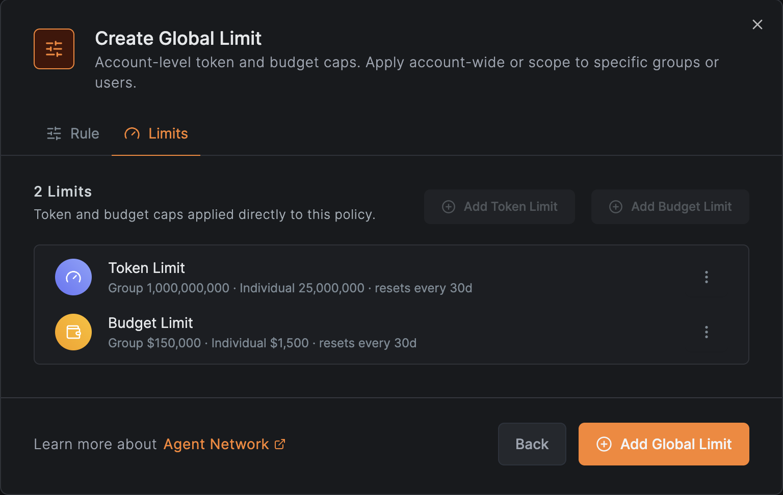create global limit modal with token and budget caps