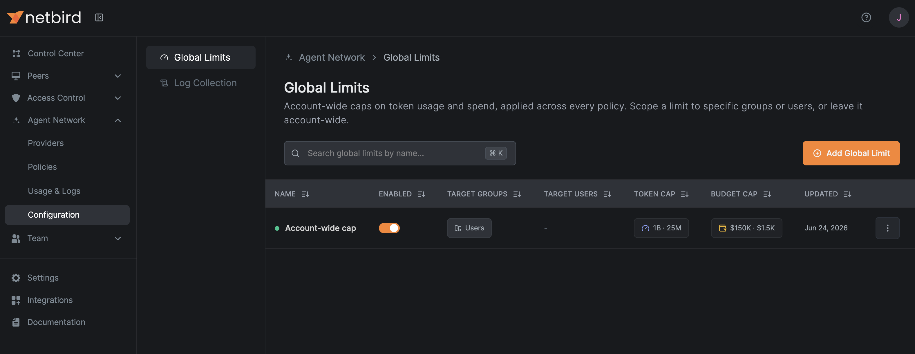 agent network global limits list