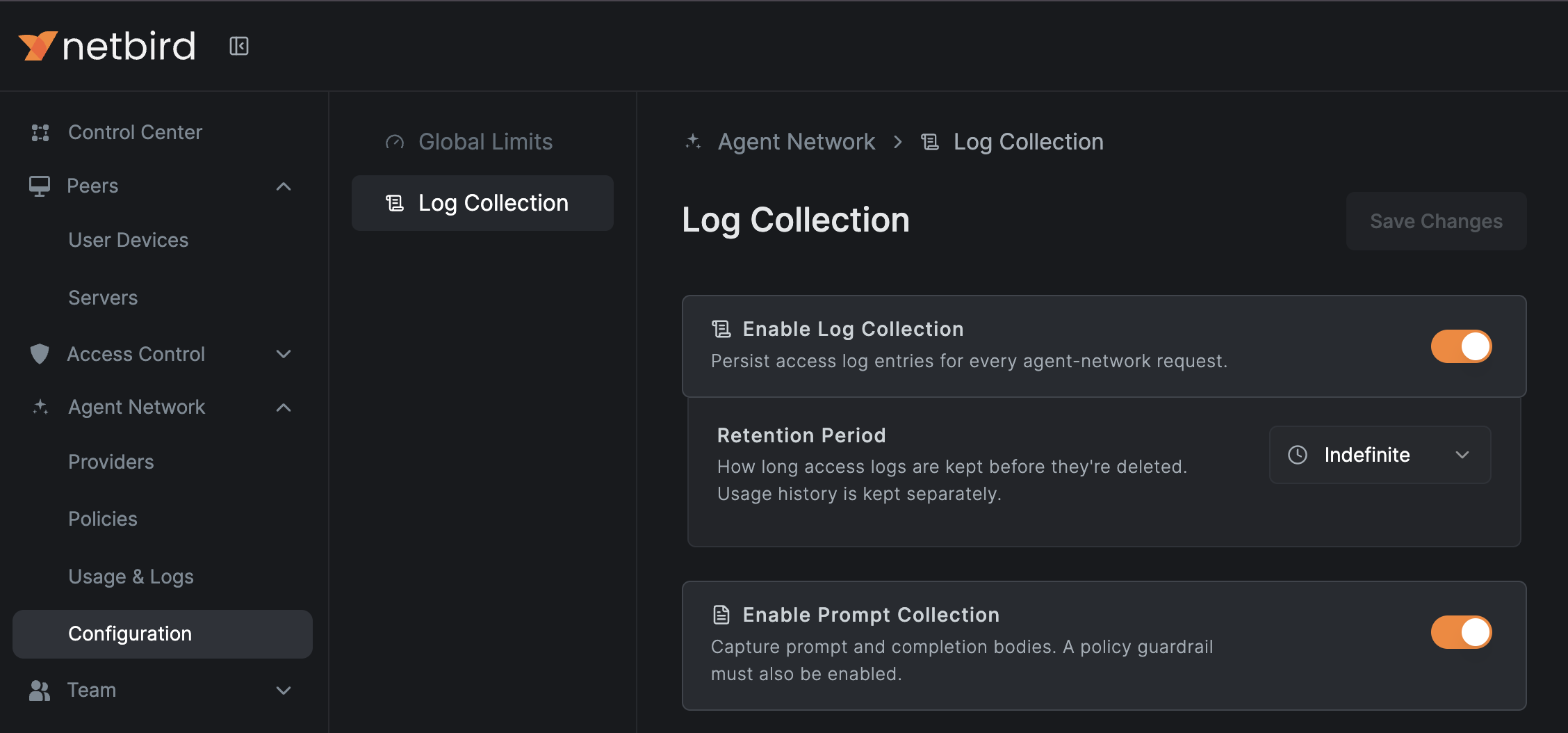 agent network log collection and retention configuration